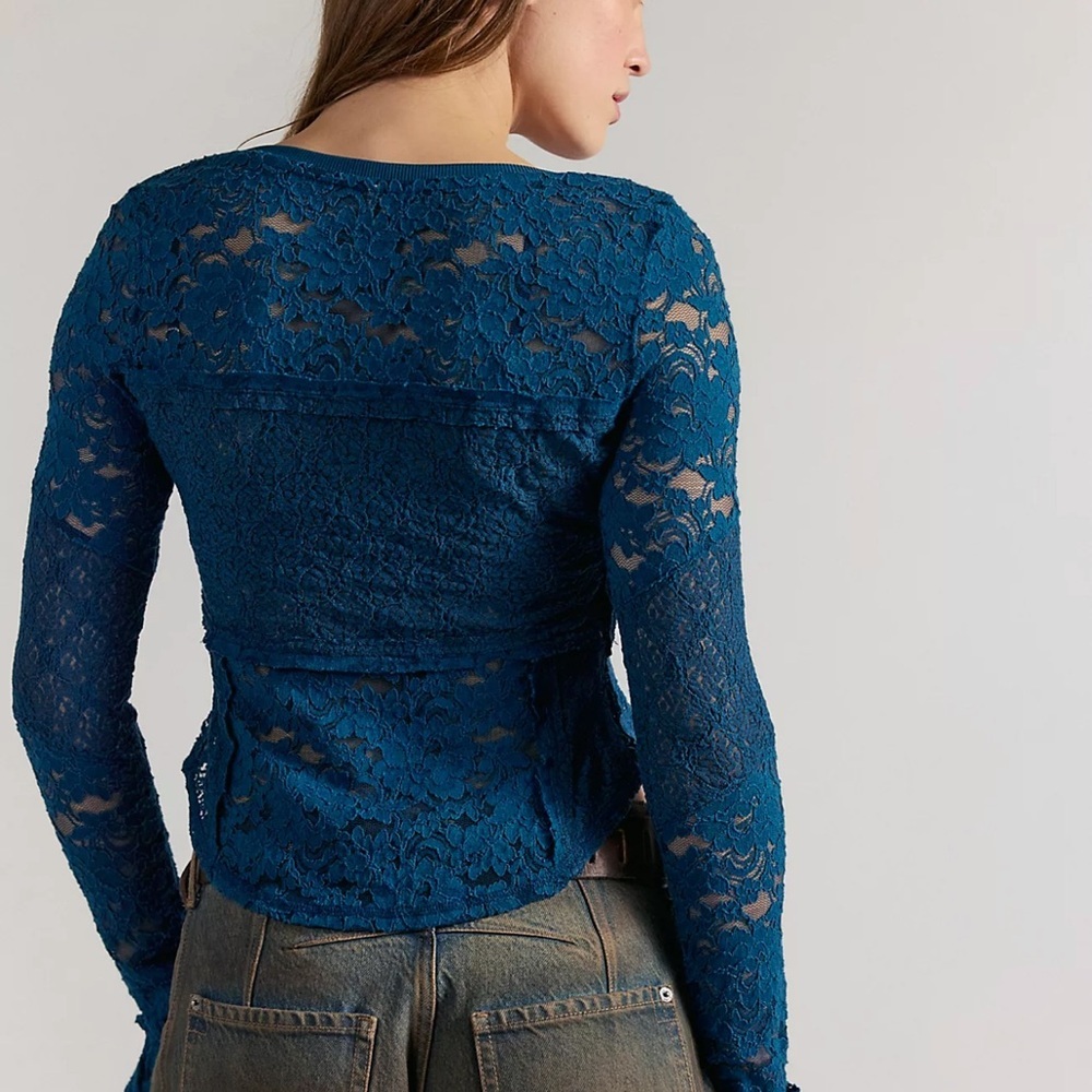 Free People Sheer Lace Flared Long Sleeve Top in Deep Dive, NWT, sizes M & L - Picture 2 of 3